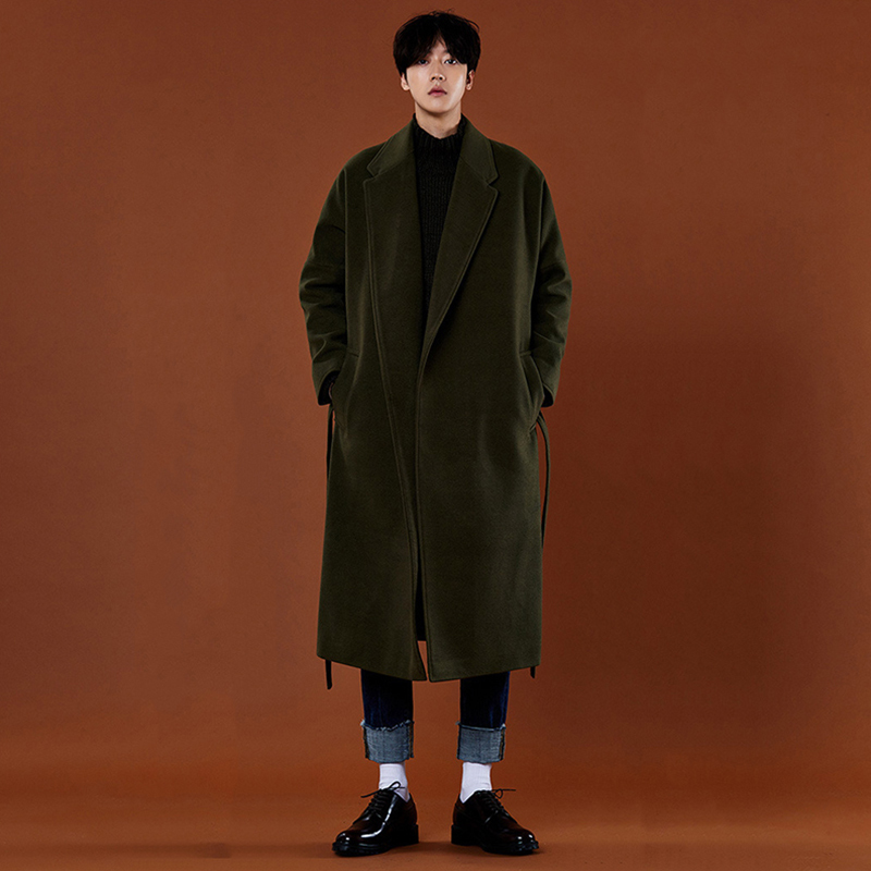 YUANSU秋冬装长款毛呢大衣男韩版宽松日系过膝风衣外套加厚保暖呢子大衣风衣