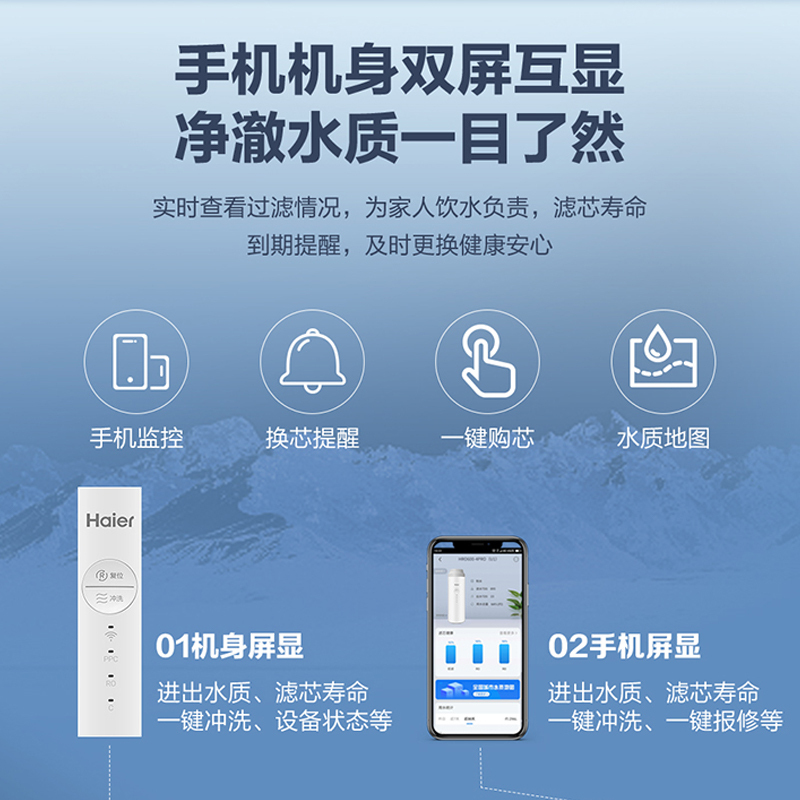 海尔净水器HRO4H96-3U1 好芯抗污堵 400G大通量家用净水机 6级复合滤芯 纯净双出水