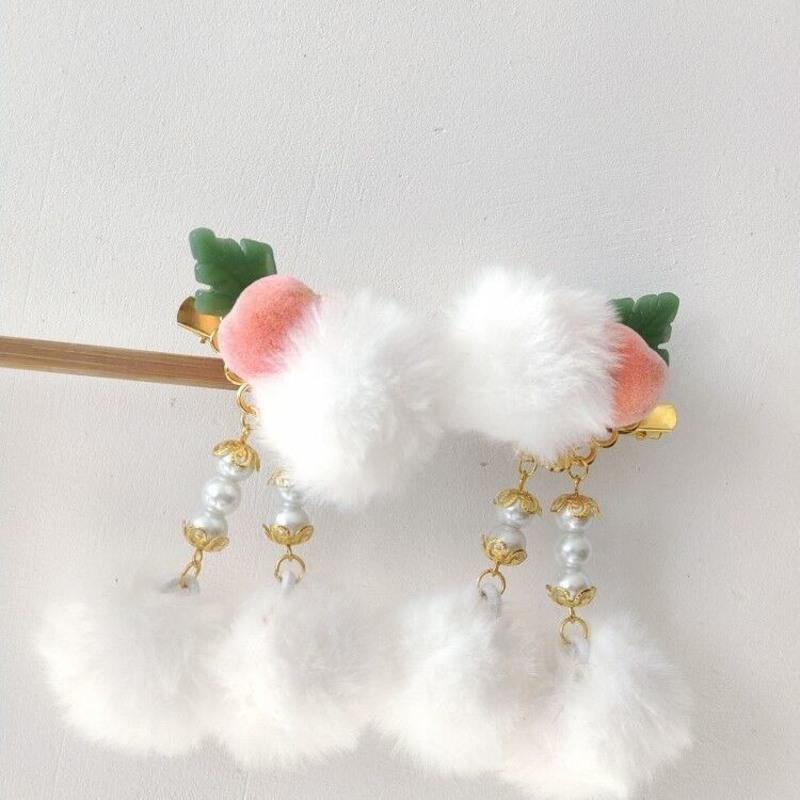 镜水簪阁发饰流苏毛绒桃子对夹头饰汉服发饰配饰日常百搭发夹款短流苏