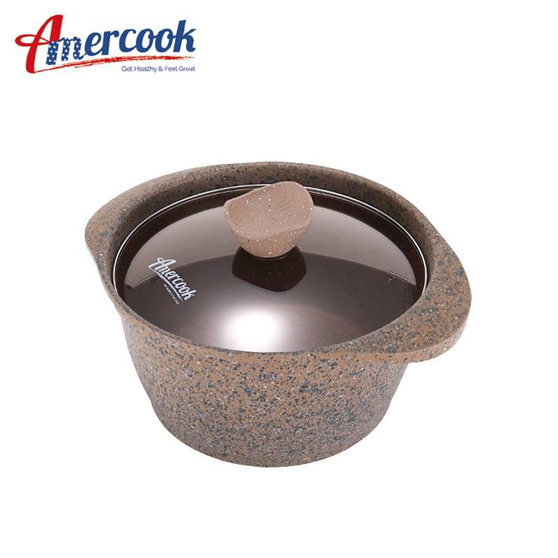 AMERCOOK阿尔菲塔麦饭石汤锅不粘锅24cm 家用汤锅合金无油烟炖锅煲汤锅火锅平底锅 燃气灶电磁炉通用锅 咖啡色