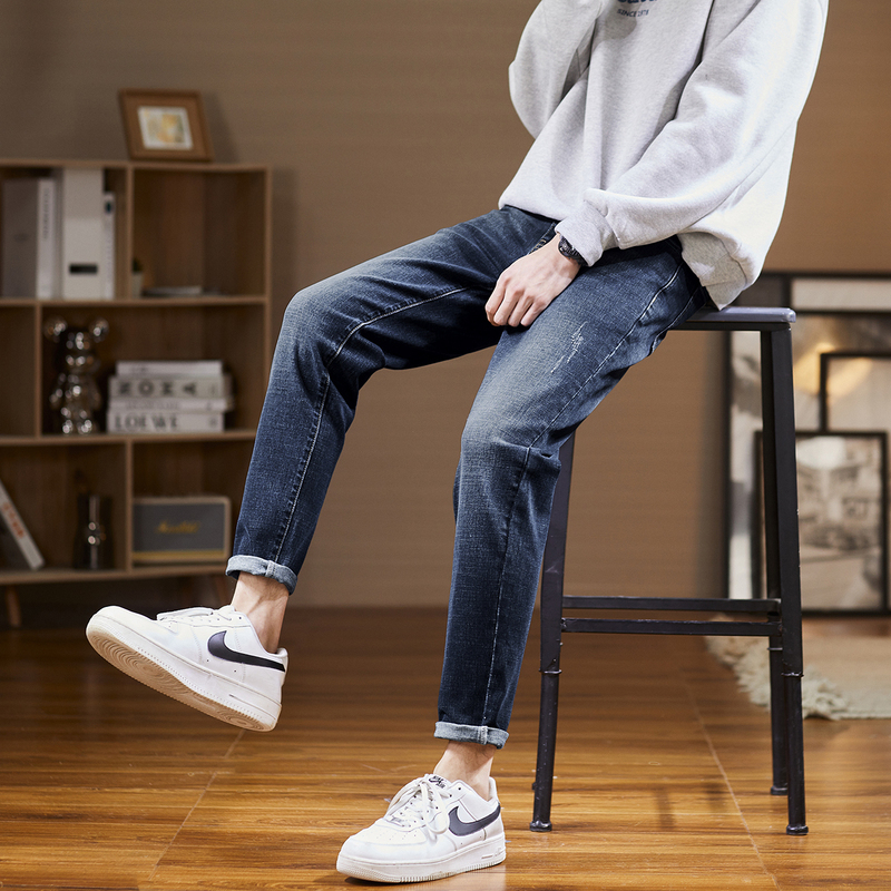 [2.5折价120元]唐狮春季新款牛仔裤男弹力修身小脚裤潮流个性百搭裤子男冬加绒