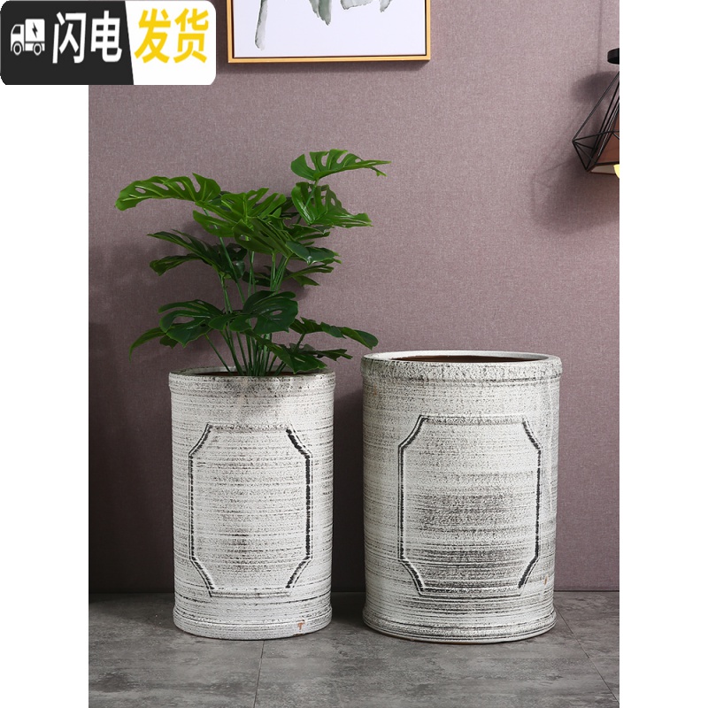 三维工匠北欧高筒陶瓷花盆特大大 大号家用创意君子兰盆景阳台托盘室 麻点-褐色[送托盘、垫片] 大花盆容器高清大图