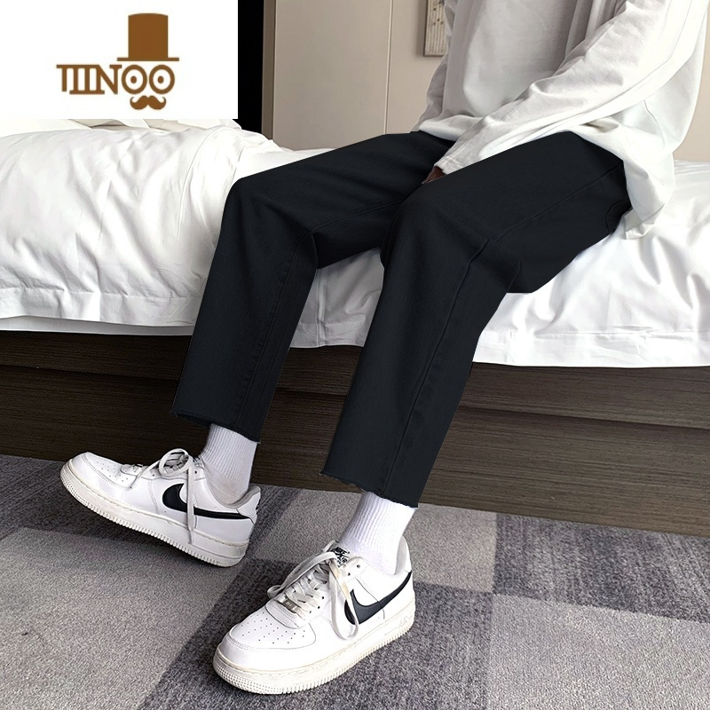 yanxu夏季黑色牛仔裤男款宽松直筒裤毛边九分裤潮牌高街长裤子男士