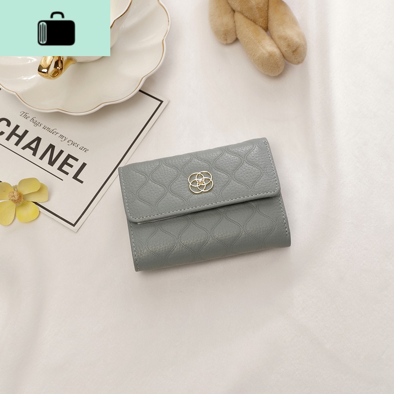 2020新款时尚皮小钱包女短款折叠皮夹大容量多功能卡包牛皮钱夹NEW LAKE 亚麻蓝