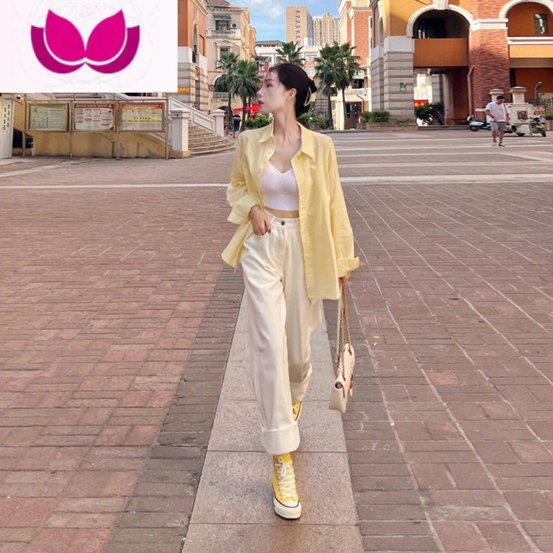 七斓2023早春新款女装盐系高级感休闲时尚减龄黄色衬衫阔腿裤套装 黄色衬衫+裤子 XL120斤-135斤