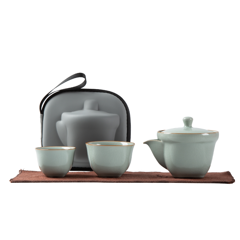 金镶玉旅行快客杯功夫茶具套装 陶瓷单人茶壶茶杯套装 汝窑朝露快客杯