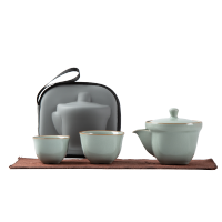 金镶玉旅行快客杯功夫茶具套装 陶瓷单人茶壶茶杯套装 汝窑朝露快客杯