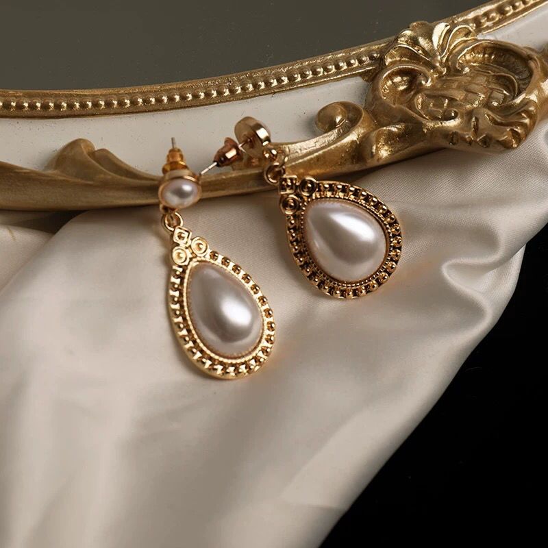 耳针款olddream复古珍珠耳钉女简约法式宫廷优雅圆形珍珠耳环耳坠饰品