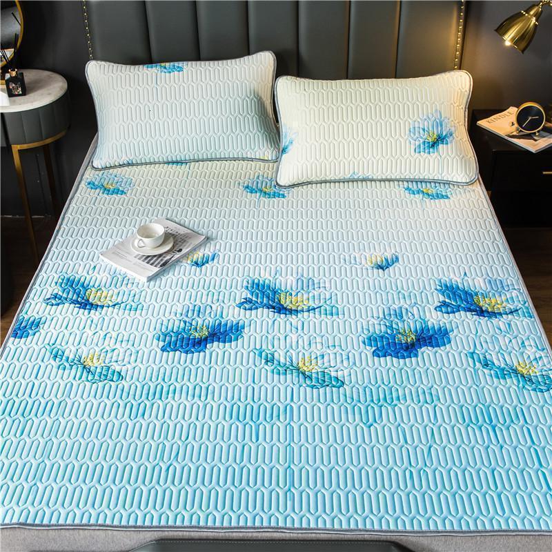 美帮汇乳胶凉席三件套夏季冰丝席子1.8m床可水洗折叠1.2米1.5空调软席 千瓣莲-蓝 1.2m（4英尺）床