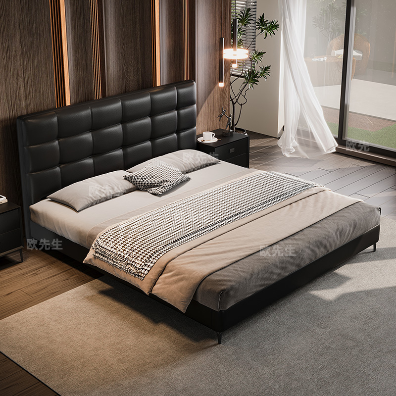 头层牛皮床主卧次卧双人大床实木真皮极简婚床高清大图