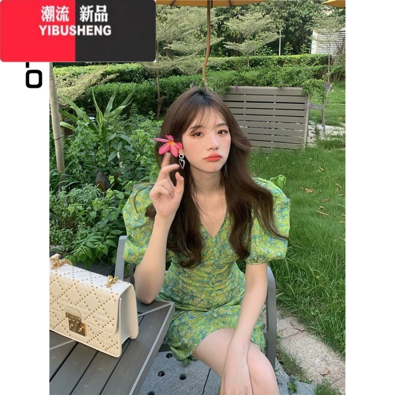 YIBUSHENG2024年新款小个子法式洋气甜美绿色泡泡袖碎花v领连衣裙子女季高清大图