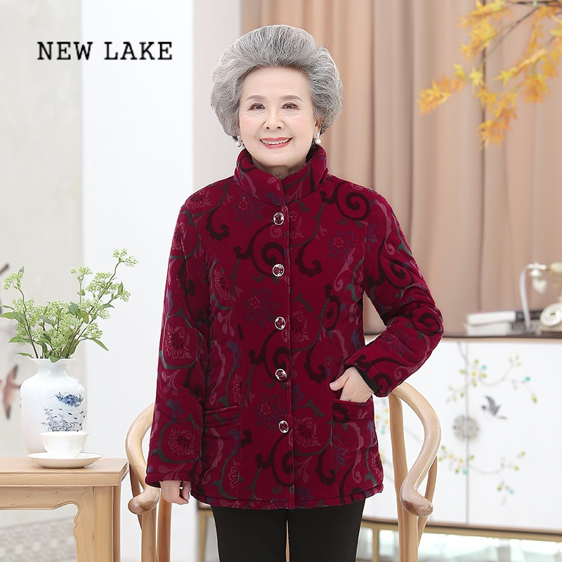 new lake中老年女装妈妈装冬装灯芯绒棉袄奶奶加绒加厚棉衣60-70老人