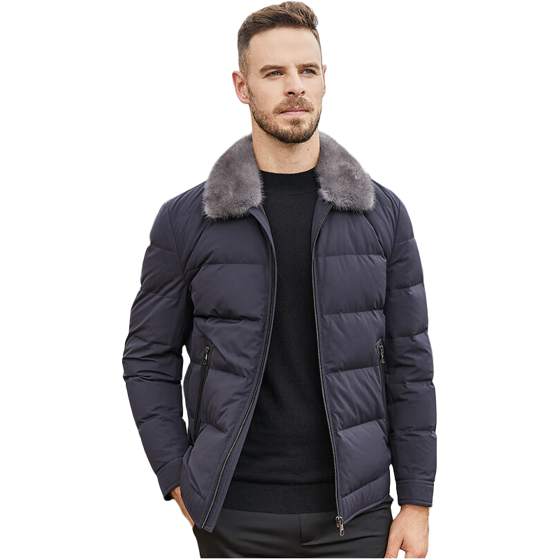 轻奢男装水貂毛领羽绒服男中青年商务休闲短款翻领派克服加厚鹅绒外套
