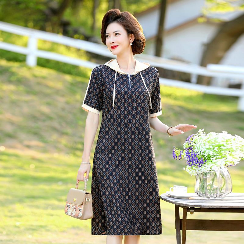 斯尔丽妈妈洋气休闲连衣裙中年妇女装夏装中老年气质直筒裙子高
