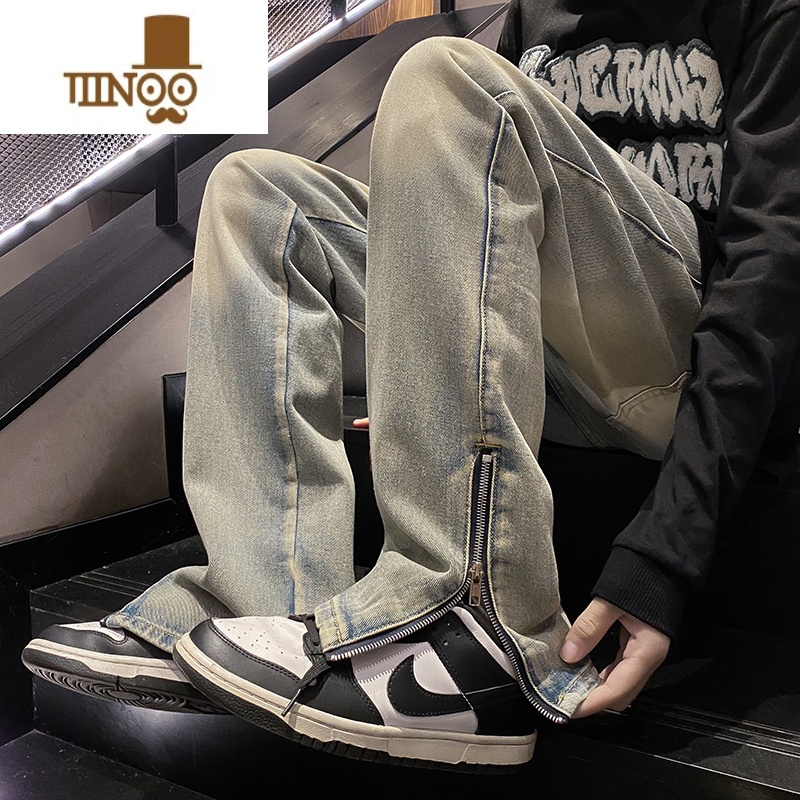 YANXU美式高街牛仔裤男vibe风泛黄泥染拉链直筒牛仔国潮显瘦休高高i黄高清大图