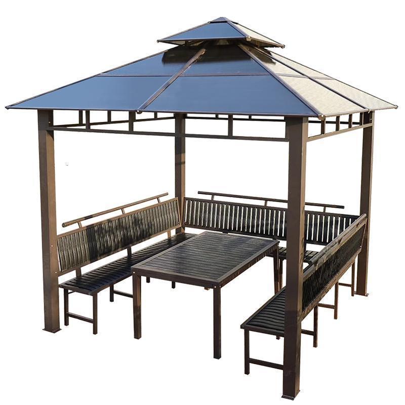 森美人室外铁艺亭子四角亭户外凉亭小木屋庭院花园农家乐农庄帐篷遮阳棚 三面座板+塑木桌