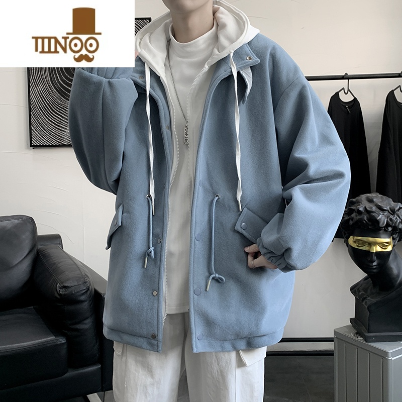 YANXU冬季oversize美式假棉服外套男潮牌ins港风加厚情侣连帽棉衣 M 蓝色