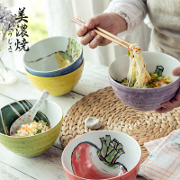 美浓烧日本进口餐具日式和风釉下彩色碗拉面碗吃饭碗家用汤碗6.3英寸(5碗装)