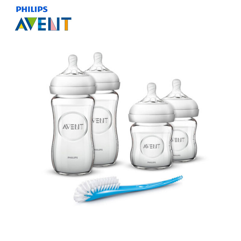 飞利浦 AVENT 新安怡宽口径自然系列玻璃奶瓶新儿套装(120ml+240ml奶瓶各x2及刷子)SCD291/06高清大图