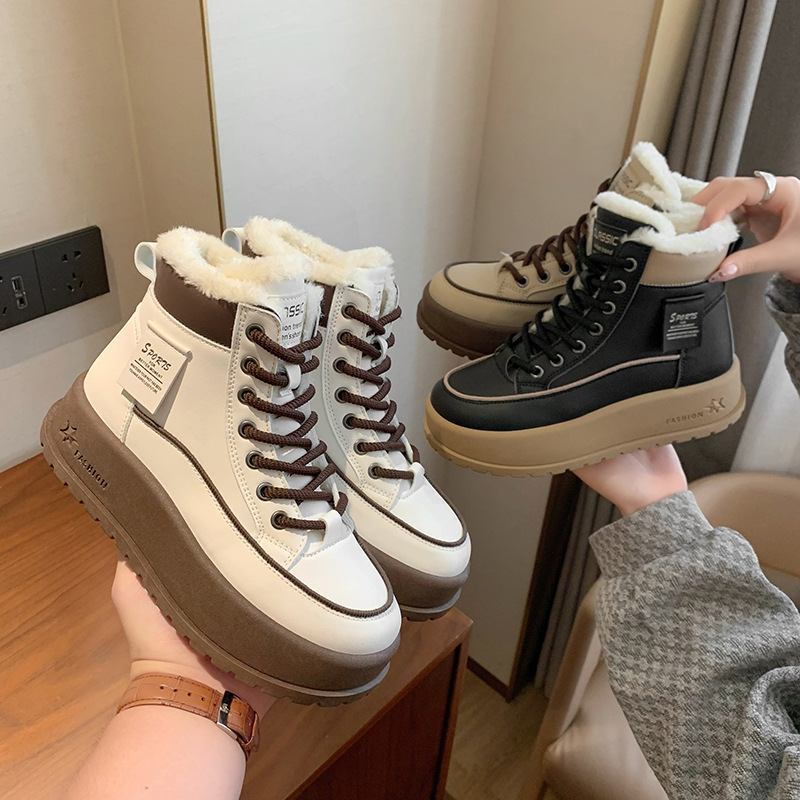 时言(SHIYAN) 加绒马丁靴女2025冬季新款保暖女靴韩版中筒女士靴子高帮厚底休闲鞋女高清大图