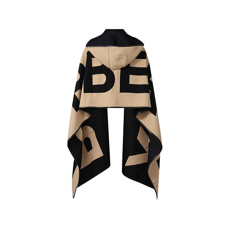 博柏利burberry女款绵羊毛典藏米色徽标提花连帽披肩8060965