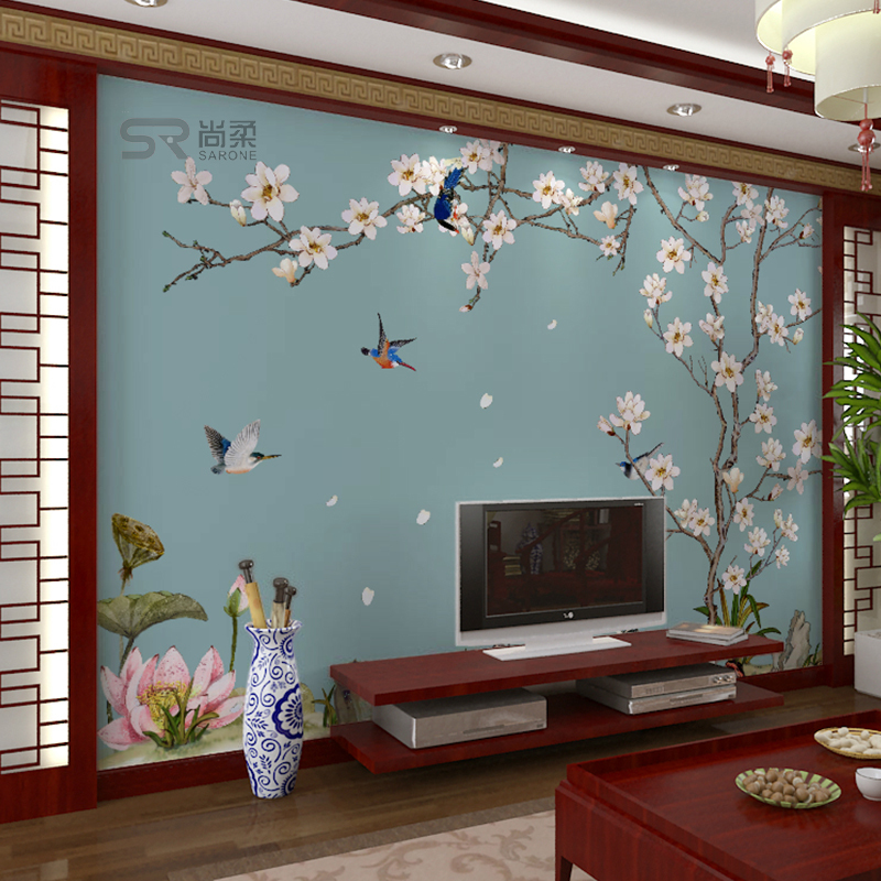 新中式手绘花鸟客厅电视背景墙壁纸沙发墙纸影视墙布定制壁画