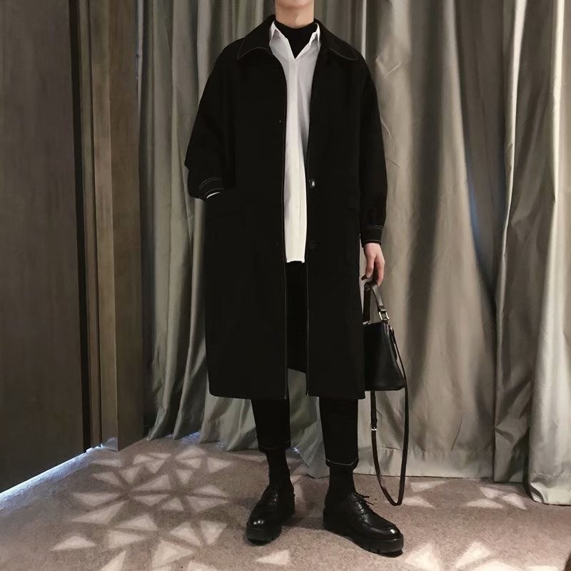 SUNTEK春秋冬新款长款风衣男宽松外套连帽韩版中长款帅气大衣男潮流披风风衣高清大图