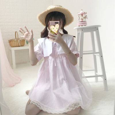 2018新款夏季女装日系少女娃娃领拼接裙子欧根纱萌仙女短袖连衣裙 紫色 均码