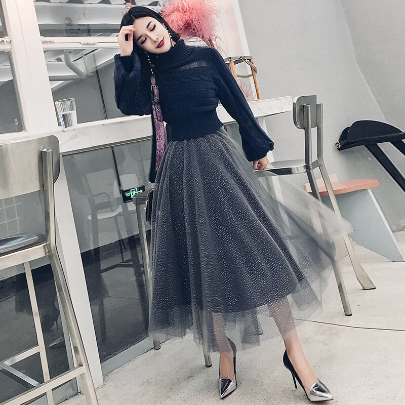 高腰网纱半身裙女中长款2018春装新款韩版百搭时尚半身长裙百褶裙蓝色