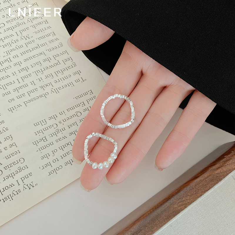 S925纯银碎银子珍珠戒指女小众设计感素圈叠戴食指戒ins轻奢指环送女朋友老婆情人节七夕生日礼物