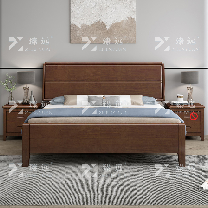 臻远 ZY4022911 实木床1.8米床含一个床头柜 胡桃色