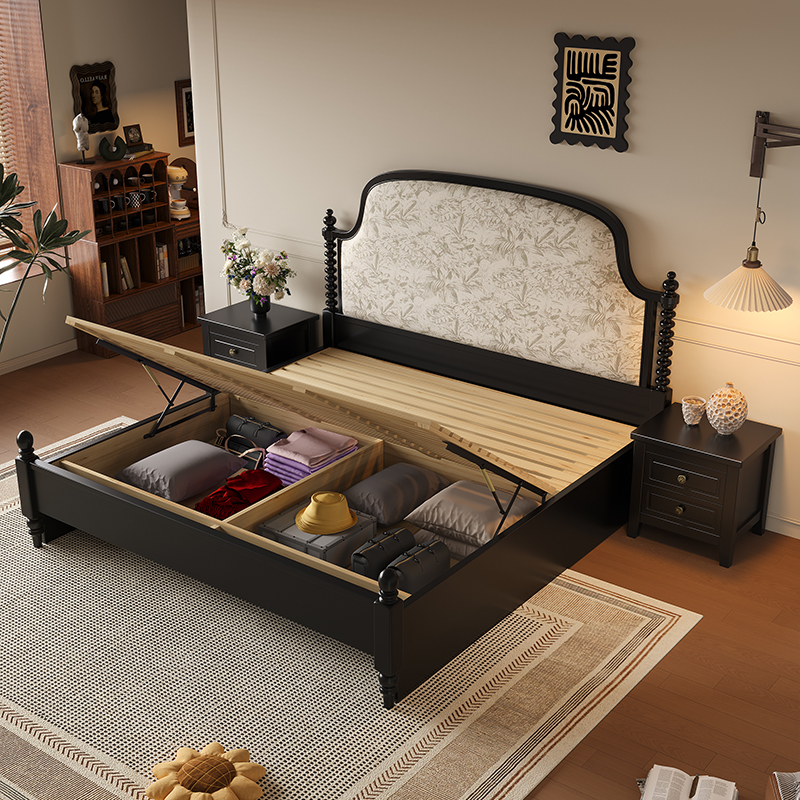 欧梵森(OUFANSEN) 法式复古实木床1.8米主卧双人床美式软包床黑色中古风画屏床婚床高清大图