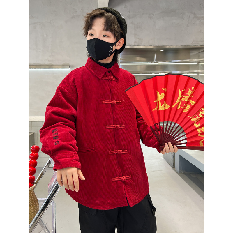 男童拜年服外套汉服新款中大儿童喜庆红色新年棉服唐装上衣潮