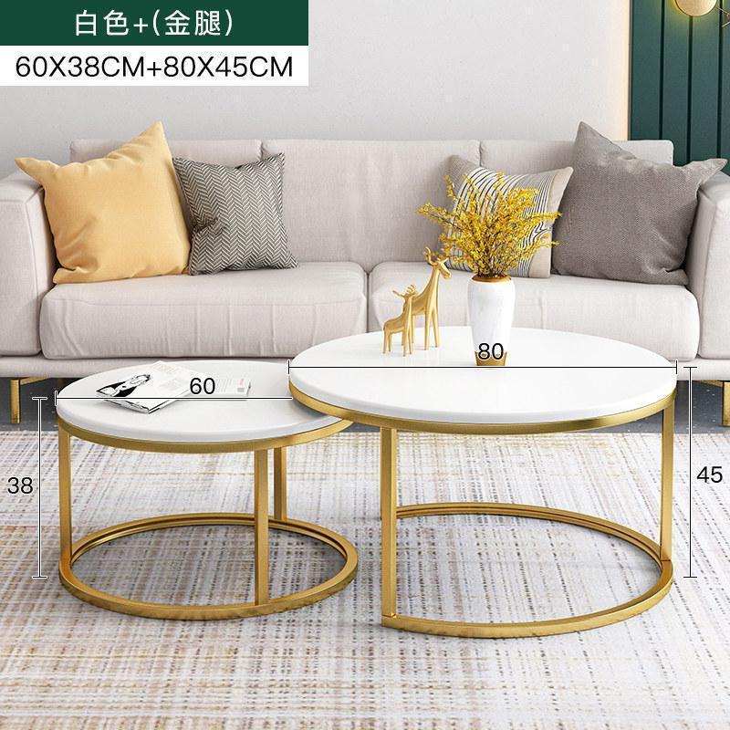 森美人北欧轻奢茶几桌客厅家用仿大理石小茶几简约小户型铁艺小圆桌 白色+金腿（80+60）