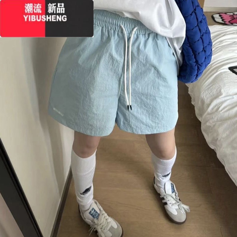 YIBUSHENG国潮牌字母高腰休闲裤女季宽松阔腿原宿风学院休闲百搭五分裤潮 蓝色高质量 L