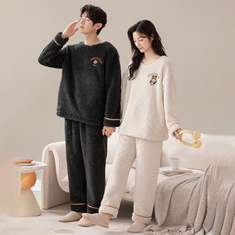 浪莎情侣睡衣男女士秋冬珊瑚绒加绒加厚家居服两件套可外穿卡通风睡衣 卡通熊 男XXXL