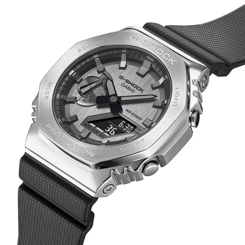 卡西欧(CASIO)GSHOCK男款银色金属表圈黑色表带石英防水耐用运动手表