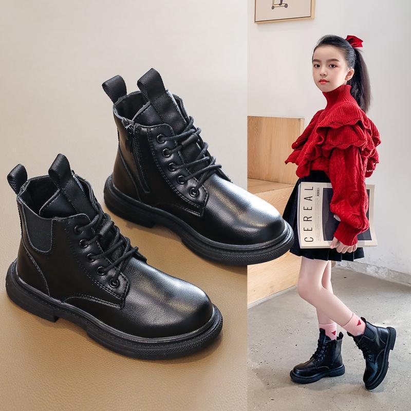 尘贺黑色保暖童鞋高帮皮面马丁靴时尚棉鞋可爱百搭男女靴学生鞋