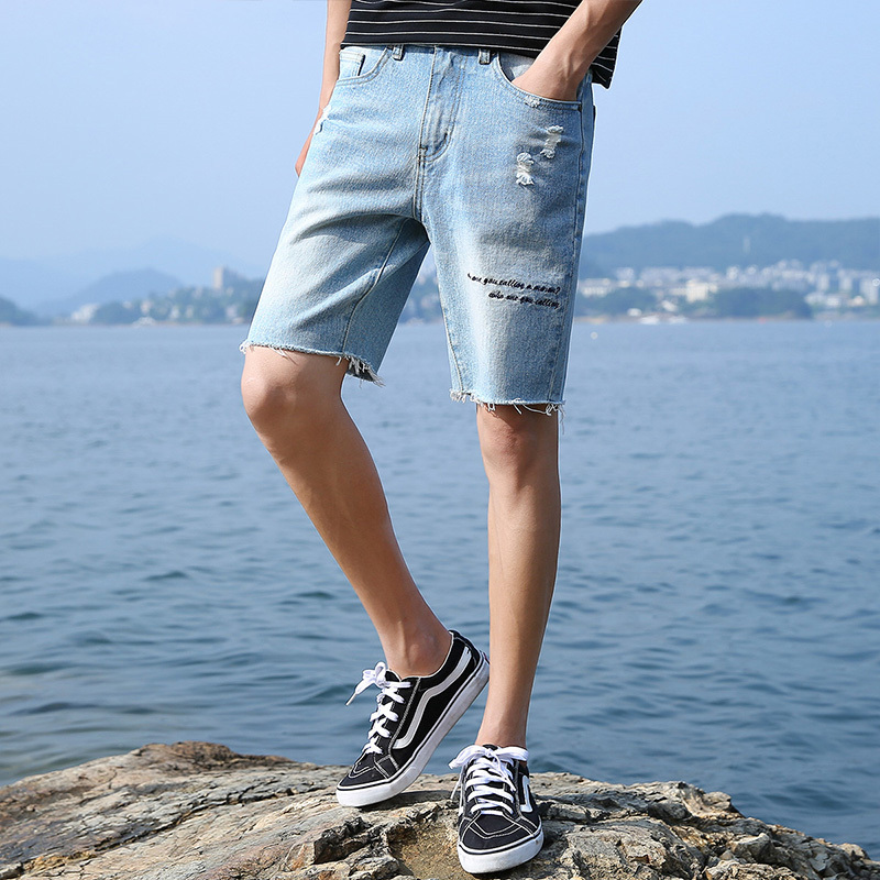 亚木牛仔短裤男士夏季薄款五分裤子男弹力破洞休闲短裤直筒韩版潮裤子新款