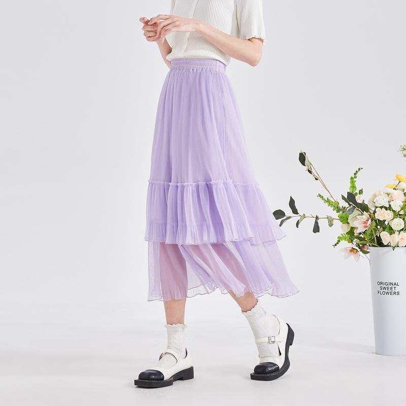 [2.5折价84元]唐狮百褶蛋糕裙女新款白色半身长裙女夏高腰a字甜美纱裙百搭