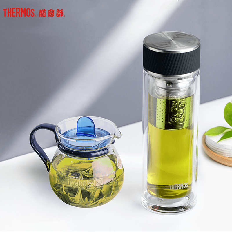 膳魔师（THERMOS）耐热玻璃杯男女双层泡茶水杯子TCGA-400S深灰套组