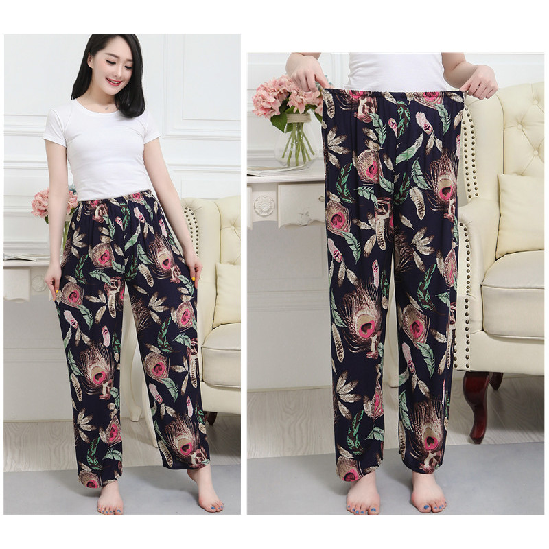 夏季女裤中老年绵绸长裤人造棉长裤印花裤女士睡裤家居裤外穿