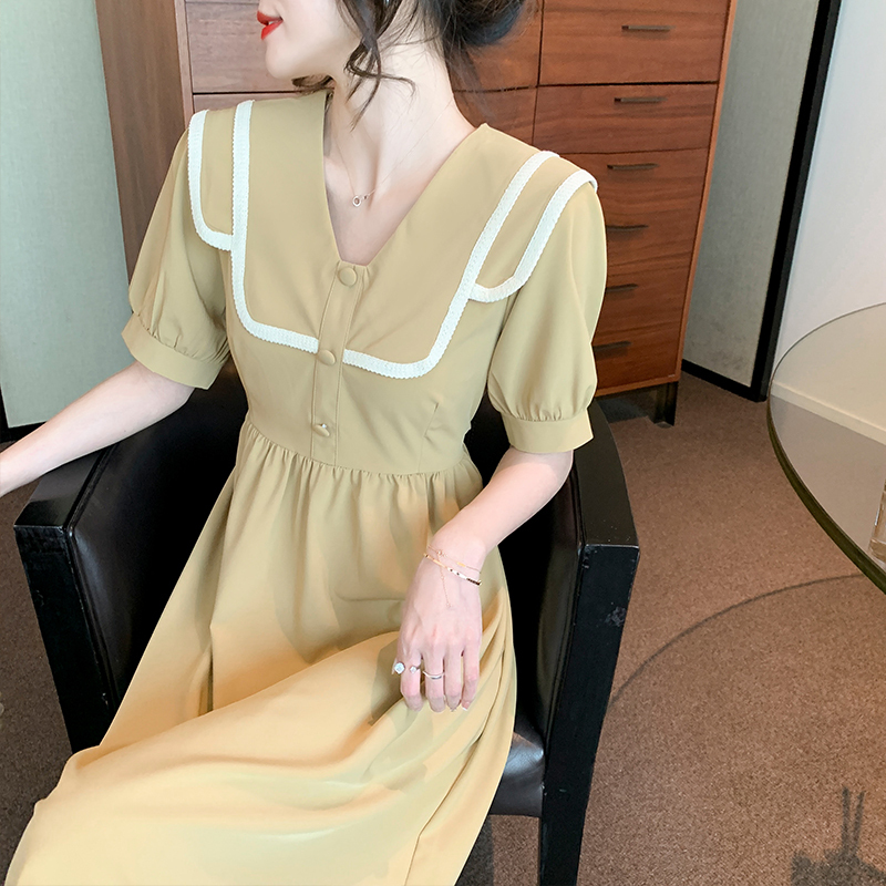 2022夏季新款短袖法式复古翻收腰显瘦连衣裙