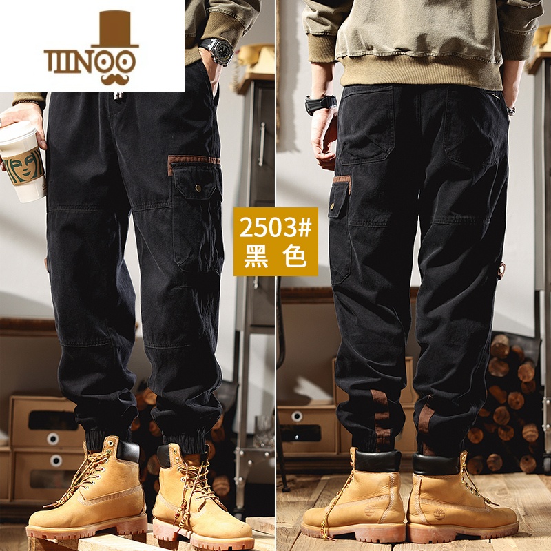 YANXU美式复古黑色工装裤男款秋季潮牌束脚大口袋撞色耐磨休闲长裤高清大图