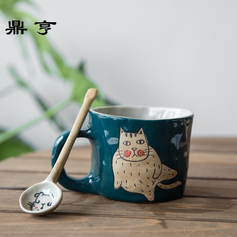鼎亨日式手工捏制陶瓷马克杯水杯情侣款卡通可爱猫咪杯送勺麦片杯