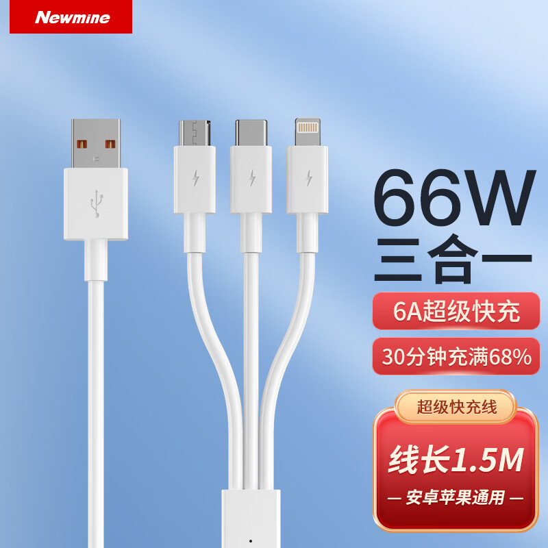 纽曼(Newmine) 66W 一拖三6A快充数据线 1.5米手机充电线通用 XS13升级版 6A大电流快充高清大图