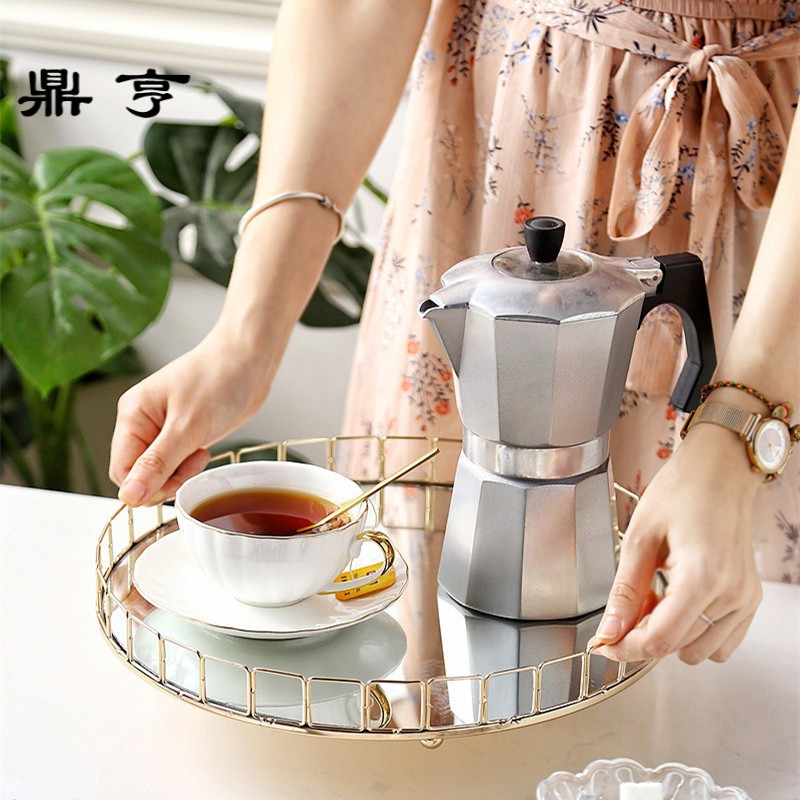 鼎亨北欧轻奢蛋糕花茶具托盘法式宫廷镜面合金化妆品首饰收纳