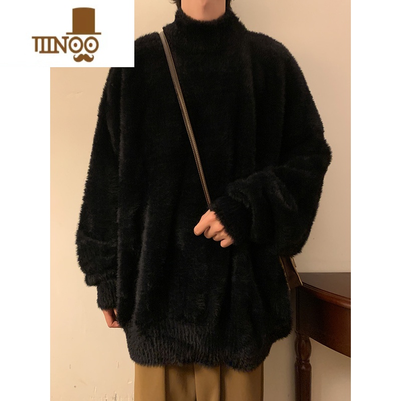 YANXU马海毛毛衣男款冬季加厚潮牌外套款日系慵懒复古感针织衫 3XL 黑色