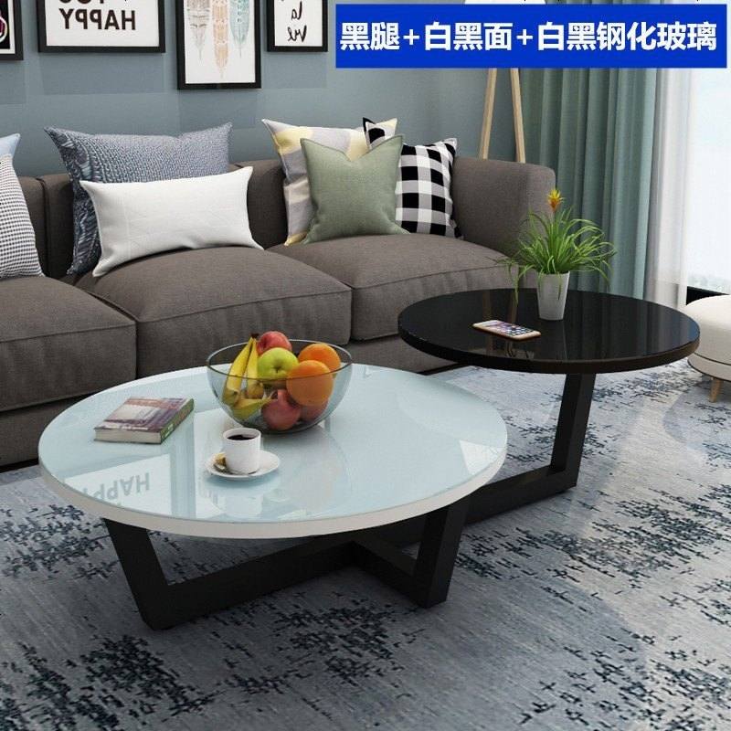 北欧茶几现代简约小户型圆形迷你茶几北欧客厅经济型钢化玻璃茶桌 组装_黑腿+白黑面+白黑钢化玻璃