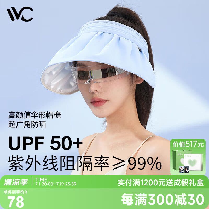 VVC成毅推荐防晒帽女遮阳帽空顶太阳帽子防紫外线大檐贝壳帽 冰川白图片